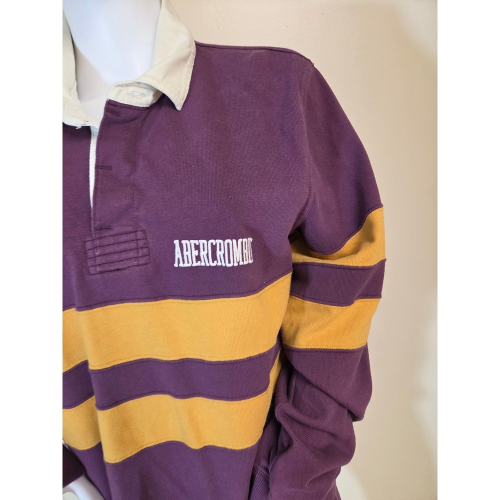 Abercrombie Rugby Cloth Shirt Mens Medium Purple Yellow Striped Long Sleeve Logo - Picture 5 of 13
